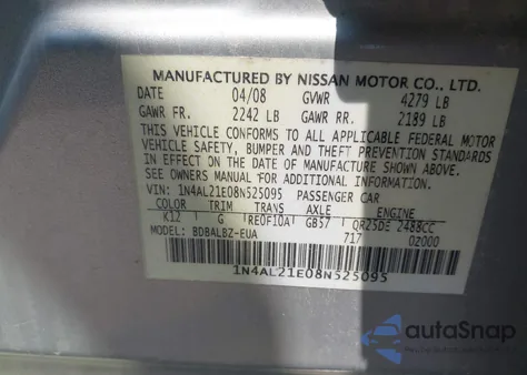 2008 Nissan Altima 2.5 S from USA, damaged, VIN 1N4AL21E08N525095